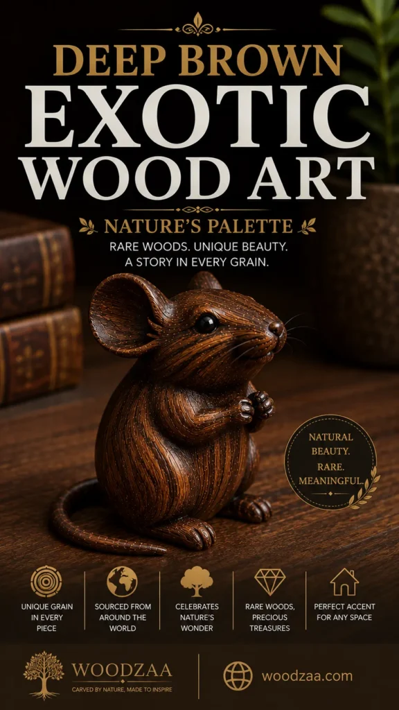 A hand-carved mouse figurine made from deep brown exotic wood sitting upright on a dark wooden surface. Bold text at the top reads "DEEP BROWN EXOTIC WOOD ART - NATURE'S PALETTE" above "Rare Woods. Unique Beauty. A Story in Every Grain." A circular gold badge states "NATURAL BEAUTY. RARE. MEANINGFUL." Five feature icons at the bottom highlight global sourcing and unique grain patterns, above the Woodzaa logo, tagline "Carved by nature, made to inspire," and website woodzaa.com.