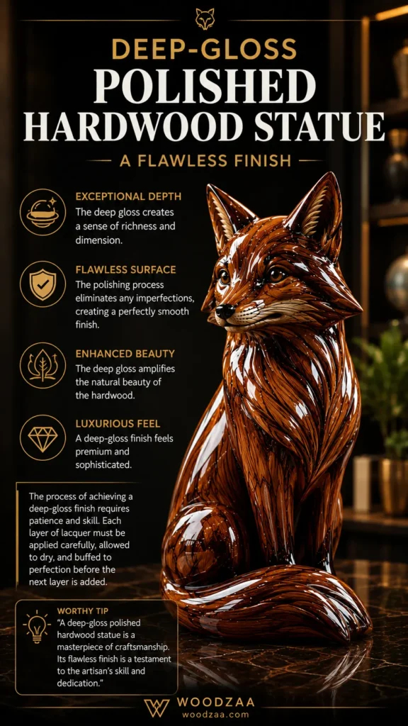 Vertical promotional pin featuring a deep-gloss polished hardwood fox statue sitting on a dark marble surface. Bold title reads "DEEP-GLOSS POLISHED HARDWOOD STATUE — A FLAWLESS FINISH." Left-hand feature icons highlight exceptional depth, flawless surface, enhanced beauty, and luxurious feel. Below, text explains the meticulous layering and buffing process, along with a "Worthy Tip" box and the Woodzaa logo at the bottom.