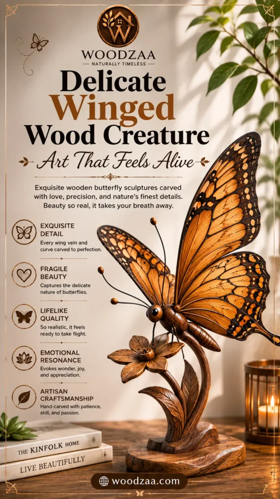 A detailed wooden butterfly sculpture with orange and black patterned wings resting on a carved flower stem base. Header text displays "WOODZAA - NATURALLY TIMELESS", title "Delicate Winged Wood Creature - Art That Feels Alive", and subtext describing exquisite wooden sculptures. Features listed on the left include: Exquisite Detail, Fragile Beauty, Lifelike Quality, Emotional Resonance, and Artisan Craftsmanship. A bottom web badge displays "woodzaa.com" in a cozy home decor setting.