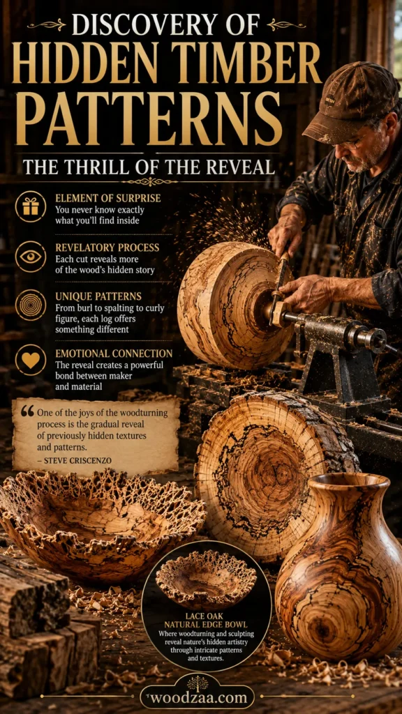 Infographic titled "Discovery of Hidden Timber Patterns: The Thrill of the Reveal." A woodturner shapes a log on a lathe as sparks fly. Surrounding him are handcrafted wooden vessels, including a spalted wood vase, a log cross-section, and a lace oak natural edge bowl. Icons highlight four key themes: Element of Surprise, Revelatory Process, Unique Patterns, and Emotional Connection. A parchment block features a quote by Steve Criscenzo about revealing hidden textures in woodturning.