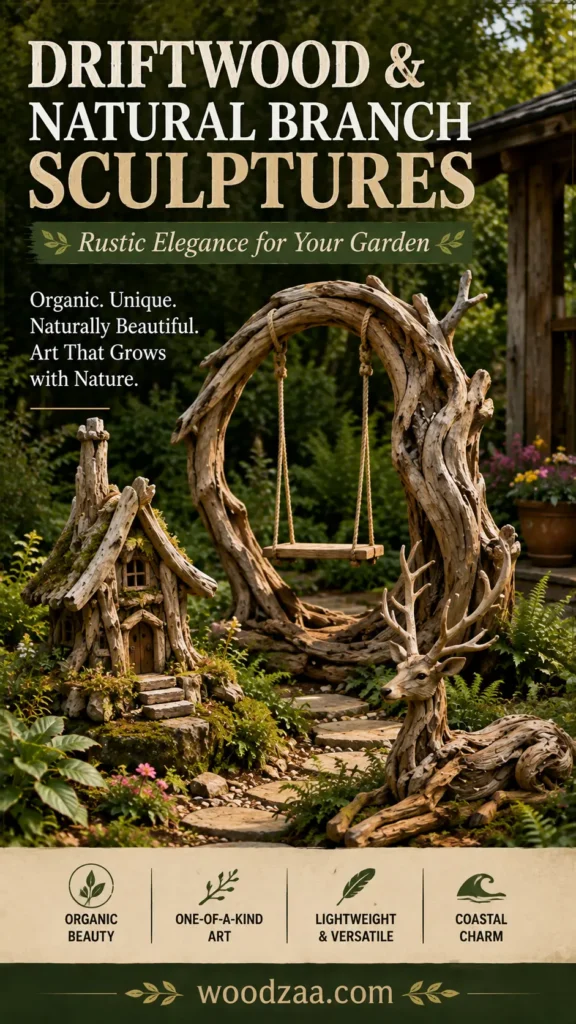 A Pinterest graphic titled "Driftwood & Natural Branch Sculptures: Rustic Elegance for Your Garden" with the phrase "Organic. Unique. Naturally Beautiful. Art That Grows with Nature." Set in a lush garden, the scene features driftwood creations including a rustic mini cottage, a large circular arch made of bent branches supporting a hanging swing, and a resting deer sculpture. Four feature icons at the bottom highlight key traits alongside the website "woodzaa.com".