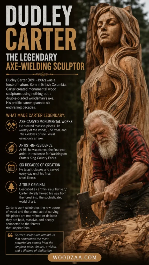 Pinterest graphic titled "Dudley Carter: The Legendary Axe-Wielding Sculptor." The left side features bold gold and white text detailing a summary of the artist (1891–1992) and four key achievements marked by circular icons. On the right, an elderly craftsman with a white beard and red plaid shirt uses a heavy axe to shape a massive wooden sculpture of a woman with long flowing hair. At the bottom, a quote box rests above a gold banner displaying "WOODZAA.COM".