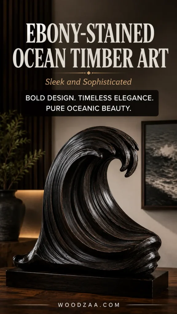 An ebony-stained carved wood wave sculpture featuring dark, sweeping textures, set on a black base on a wooden tabletop. Overlay text reads: "EBONY-STAINED OCEAN TIMBER ART", "Sleek and Sophisticated", and a dark badge reading "BOLD DESIGN. TIMELESS ELEGANCE. PURE OCEANIC BEAUTY." In the dimly lit background, a black vase with greenery sits beside dark wood slatted panels next to a framed black-and-white ocean wave photograph. The website "WOODZAA.COM" is displayed along the bottom.