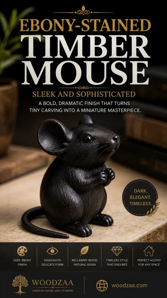 An ebony-stained timber mouse figurine with a sleek, dark finish sitting upright on a rustic surface. Large headline text at the top reads "EBONY-STAINED TIMBER MOUSE - SLEEK AND SOPHISTICATED" above "A bold, dramatic finish that turns tiny carving into a miniature masterpiece." A circular emblem states "DARK. ELEGANT. TIMELESS." Icons at the bottom highlight features like reclaimed wood and delicate form, with the Woodzaa logo and website woodzaa.com in the bottom banner.