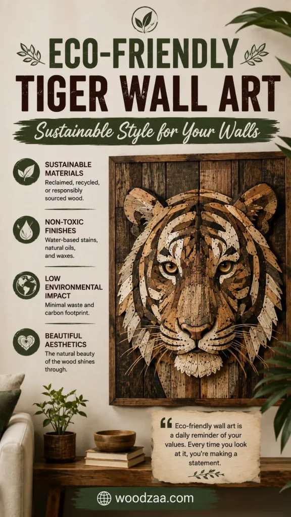 Framed 3D tiger head wall art made from mosaic wood pieces. Heading reads "ECO-FRIENDLY TIGER WALL ART - Sustainable Style for Your Walls." Left side lists eco features: Sustainable Materials, Non-Toxic Finishes, Low Environmental Impact, and Beautiful Aesthetics. A quote card at the bottom right states, "Eco-friendly wall art is a daily reminder of your values..." with the site woodzaa.com at the base.