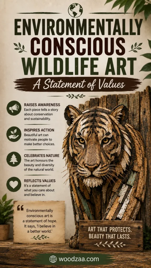 Vertical Graphic featuring a detailed tiger bust crafted from patterned, reclaimed wood pieces against a neutral wall. Title text reads "ENVIRONMENTALLY CONSCIOUS WILDLIFE ART - A Statement of Values." A left-hand list highlights four benefits: Raises Awareness, Inspires Action, Celebrates Nature, and Reflects Values. At the bottom are a quote card about hope and a wooden sign reading "ART THAT PROTECTS. BEAUTY THAT LASTS," above the website URL woodzaa.com.