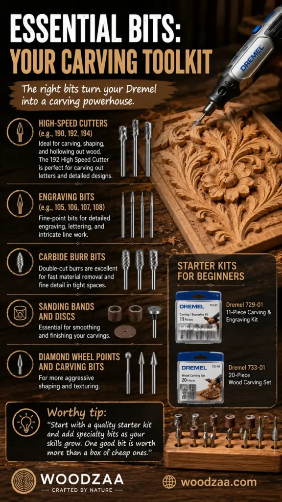 An infographic titled "Essential Bits: Your Carving Toolkit" by Woodzaa. It lists rotary tool bit types with descriptions: High-Speed Cutters, Engraving Bits, Carbide Burr Bits, Sanding Bands and Discs, and Diamond Wheel Points. Includes images of Dremel starter kits (729-01 and 733-01), a wooden block holding various bits, a Dremel tool carving an intricate floral design into wood, and a tip recommending starting with a quality starter kit. Website listed as woodzaa.com.