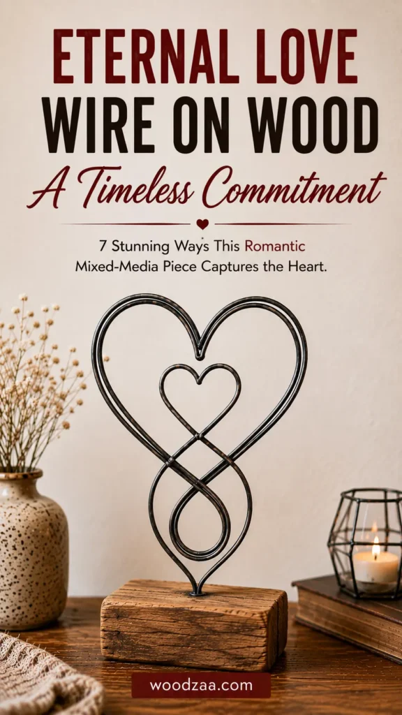 A black wire heart sculpture featuring an infinity loop base and a smaller heart nested inside, mounted on a block of rustic wood. Set on a wooden surface next to a speckled vase with delicate dried flowers, a vintage book, and a lit candle. Top text reads: "ETERNAL LOVE WIRE ON WOOD - A Timeless Commitment. 7 Stunning Ways This Romantic Mixed-Media Piece Captures the Heart." Bottom logo reads "woodzaa.com". Great for romantic, cozy, and rustic home decor ideas.