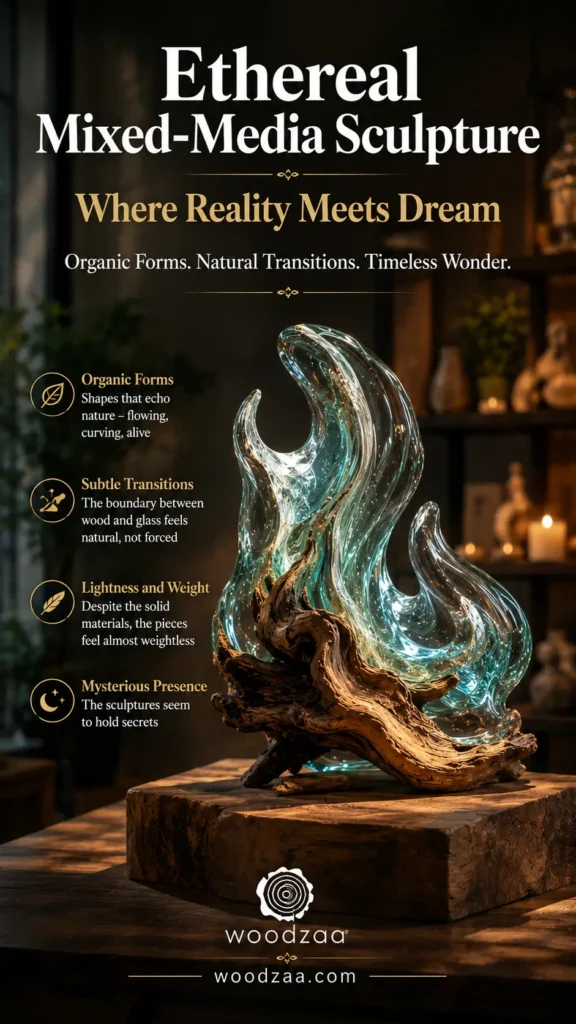 A vertical Pinterest graphic featuring a illuminated mixed-media sculpture on a wooden block. The sculpture combines flame-like, translucent light-blue blown glass with a piece of dark, textured wood base. At the top, bold text reads: "Ethereal Mixed-Media Sculpture - Where Reality Meets Dream." To the left, four circular icons list features: Organic Forms, Subtle Transitions, Lightness and Weight, and Mysterious Presence. The bottom displays the "woodzaa" logo and website URL woodzaa.com.