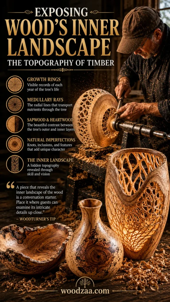 Infographic titled "Exposing Wood's Inner Landscape: The Topography of Timber." On the right, a woodturner works at a lathe carving an intricate lattice-pattern bowl. Finished art pieces sit in the foreground, including a glowing hollow sculpture, a patterned vase, and a natural-edge bowl. Icons highlight key features: Growth Rings, Medullary Rays, Sapwood & Heartwood, Natural Imperfections, and The Inner Landscape. A quote block gives a woodturner's tip on using these pieces as conversation starters.