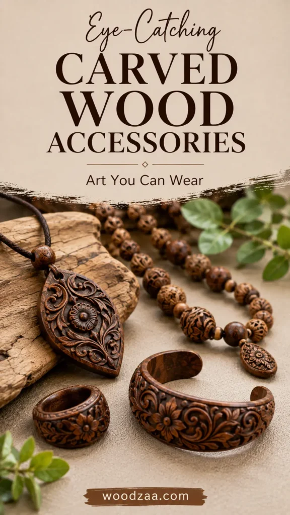 Vertical promotional image titled "Eye-Catching Carved Wood Accessories - Art You Can Wear." Handcrafted dark wood jewelry with detailed floral filigree carvings rests on stone and driftwood. Featured items include a leaf-shaped carved pendant necklace, a matching carved cuff bracelet, a carved wooden ring, and a beaded necklace with intricately carved wooden beads. Fresh green leaves frame the composition, with woodzaa.com displayed at the bottom.