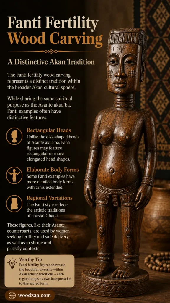 A detailed hand-carved dark wood Fanti fertility figure sculpture with a distinctive rectangular head and intricate geometric patterns across her body. On the left, cream and gold text reads "Fanti Fertility Wood Carving - A Distinctive Akan Tradition," followed by text explaining the Akan tradition, features like rectangular heads and elaborate body forms, a "Worthy Tip" on regional art diversity, and woodzaa.com at the bottom. (425 characters)