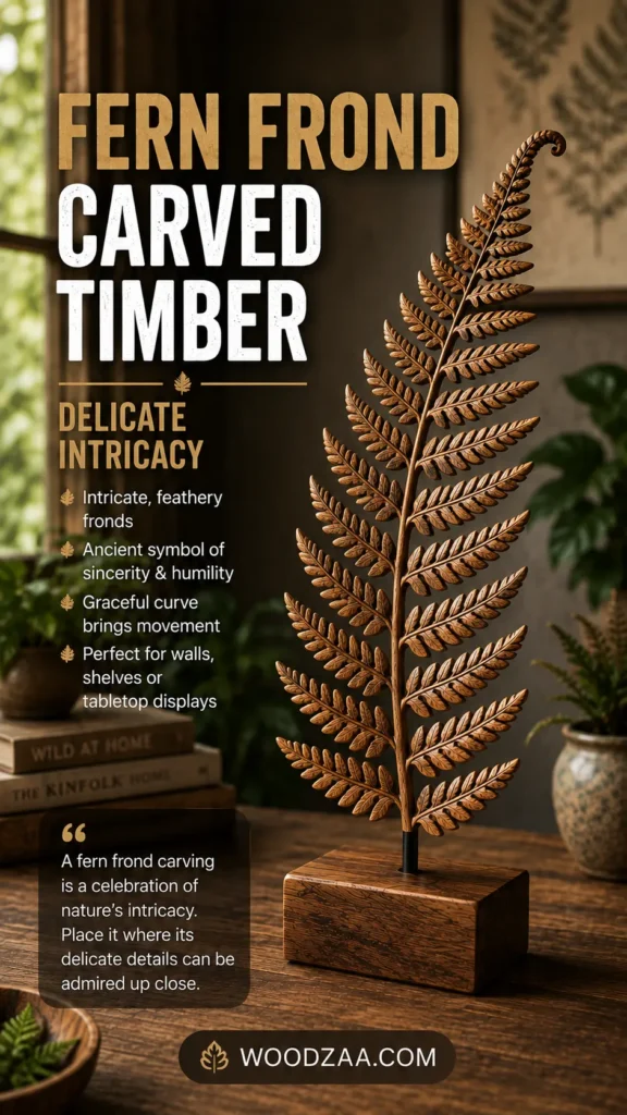 Pinterest graphic titled "FERN FROND CARVED TIMBER: DELICATE INTRICACY." The image showcases an intricately carved wooden fern frond sculpture mounted on a dark metal stem and wooden block, set on a table beside stacked books ("WILD AT HOME", "THE KINFOLK HOME") and potted plants. Text on the left details bullet points like "Ancient symbol of sincerity & humility" and includes a quote about celebrating nature's intricacy. The website logo WOODZAA.COM appears centered at the bottom.