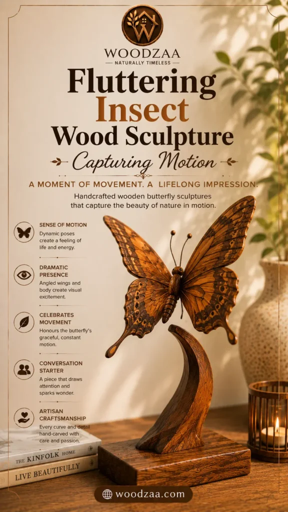 A detailed wooden butterfly sculpture in a dynamic, fluttering pose with warm brown patterned wings, mounted on a curved wooden base. Header text displays the logo "WOODZAA - NATURALLY TIMELESS", title "Fluttering Insect Wood Sculpture - Capturing Motion", and subtext "A MOMENT OF MOVEMENT. A LIFELONG IMPRESSION." Key features listed on the left include: Sense of Motion, Dramatic Presence, Celebrates Movement, Conversation Starter, and Artisan Craftsmanship. A bottom web badge reads "woodzaa.com".