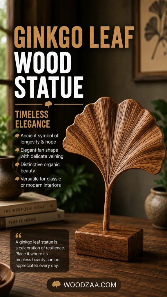 Pinterest graphic titled "GINKGO LEAF WOOD STATUE: TIMELESS ELEGANCE." The image features a fan-shaped carved wooden ginkgo leaf sculpture with delicate veining on a wooden block base. On the left, bullet points highlight attributes like "Ancient symbol of longevity & hope," accompanied by stacked books ("THE KINFOLK HOME", "THIS IS HOME") and a quote on celebrating resilience. A framed ginkgo print hangs in the warm background, and the logo WOODZAA.COM appears centered at the bottom.