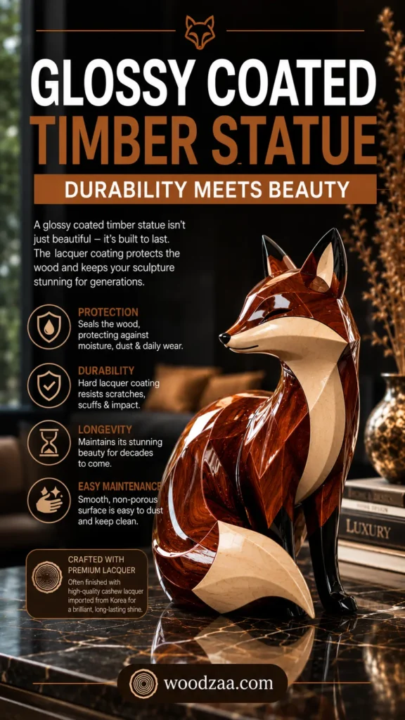 Vertical promotional pin featuring a glossy timber fox statue sitting on a black marble table in a modern interior. Bold text reads "GLOSSY COATED TIMBER STATUE - DURABILITY MEETS BEAUTY." The design includes bullet points detailing protection, durability, longevity, and easy maintenance. A small callout notes craftsmanship with high-quality lacquer, and the bottom displays the website logo for woodzaa.com.