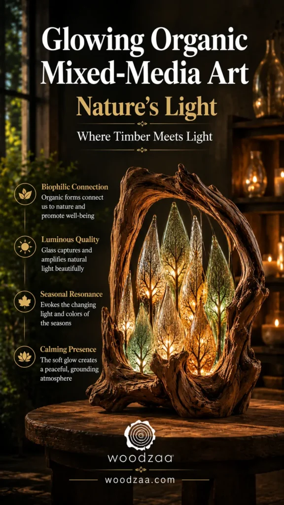 A vertical Pinterest graphic featuring an illuminated organic sculpture on a round table. A circular driftwood frame surrounds leaf-shaped, translucent glass elements with detailed tree vein patterns, glowing warmly with internal lights. At the top, text reads: "Glowing Organic Mixed-Media Art - Nature's Light - Where Timber Meets Light." Four golden icons on the left highlight Biophilic Connection, Luminous Quality, Seasonal Resonance, and Calming Presence. The bottom displays the "woodzaa" logo and woodzaa.com.