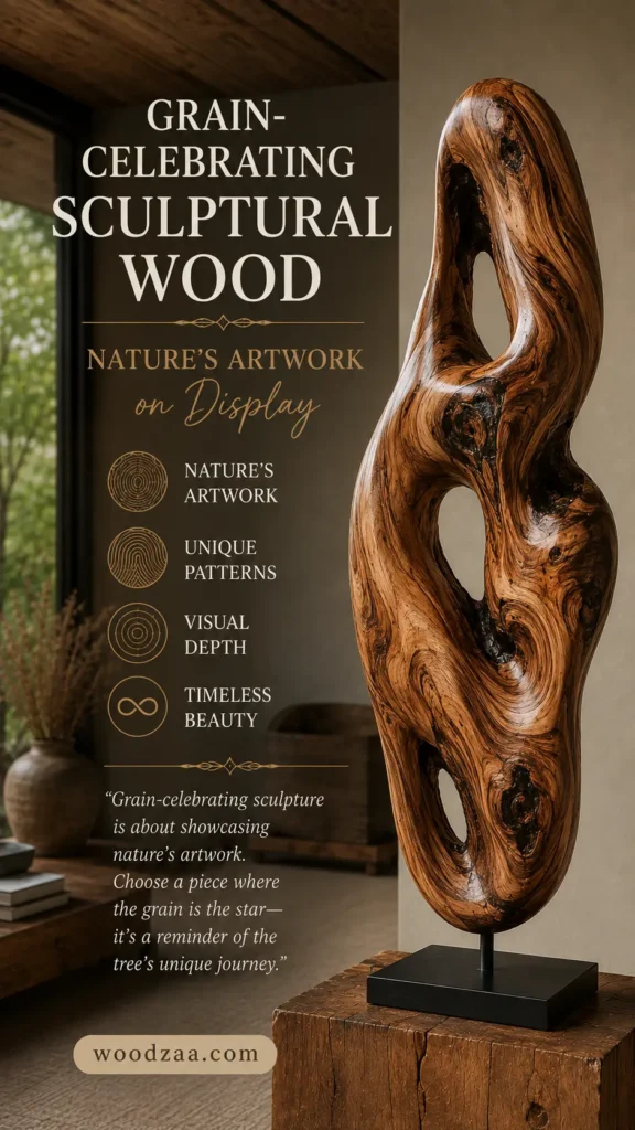 Vertical Pinterest graphic featuring a highly polished wooden sculpture on the right, showcasing rich swirling grain patterns, dark knots, and continuous hollow cutouts. It stands on a black metal base atop a rustic wood pedestal. On the left, serif headline text reads "GRAIN-CELEBRATING SCULPTURAL WOOD" with cursive text "Nature's Artwork on Display." Four circular icons highlight key features: Nature's Artwork, Unique Patterns, Visual Depth, and Timeless Beauty, ending with woodzaa.com.