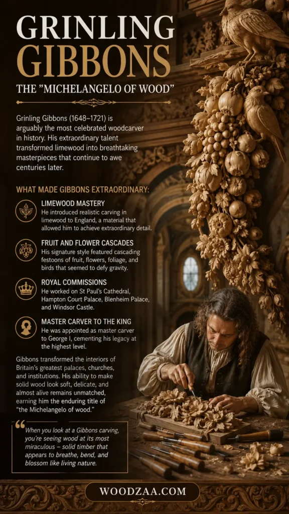 Pinterest graphic titled "Grinling Gibbons: The 'Michelangelo of Wood'". The left section details the legacy of the master carver (1648–1721) with text and four icon highlights. On the right, an ornate cascade of carved wooden fruits, flowers, and birds hangs above a 17th-century artisan carefully working on floral woodcarvings with fine tools on a bench. A quote box at the bottom leads to a dark pill-shaped tag reading "WOODZAA.COM".
