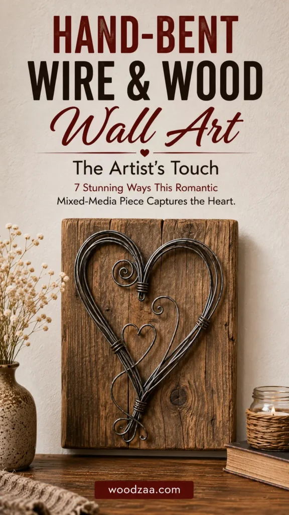 A hand-bent dark wire heart sculpture mounted on a rustic wooden plank wall art piece. The wire design features layered heart outlines, internal scroll accents, and a smaller heart inside. Placed next to a ceramic vase of dried white flowers, a vintage book, and a twine-wrapped candle jar. Top text overlay: "HAND-BENT WIRE & WOOD Wall Art – The Artist's Touch. 7 Stunning Ways This Romantic Mixed-Media Piece Captures the Heart." Bottom button reads "woodzaa.com". Ideal for cozy home decor.