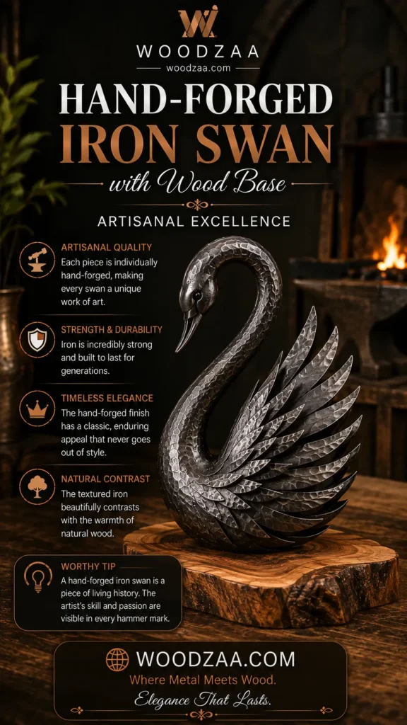 A textured, dark hand-forged iron swan sculpture with detailed hammered feathers rests on a rustic sliced wood base. Header text reads "Hand-Forged Iron Swan with Wood Base - Artisanal Excellence" beneath the Woodzaa logo. Four bullet points on the left with icons highlight: Artisanal Quality, Strength & Durability, Timeless Elegance, and Natural Contrast. A "Worthy Tip" box at the bottom details the craftsmanship, above the website woodzaa.com and slogan "Where Metal Meets Wood. Elegance That Lasts."