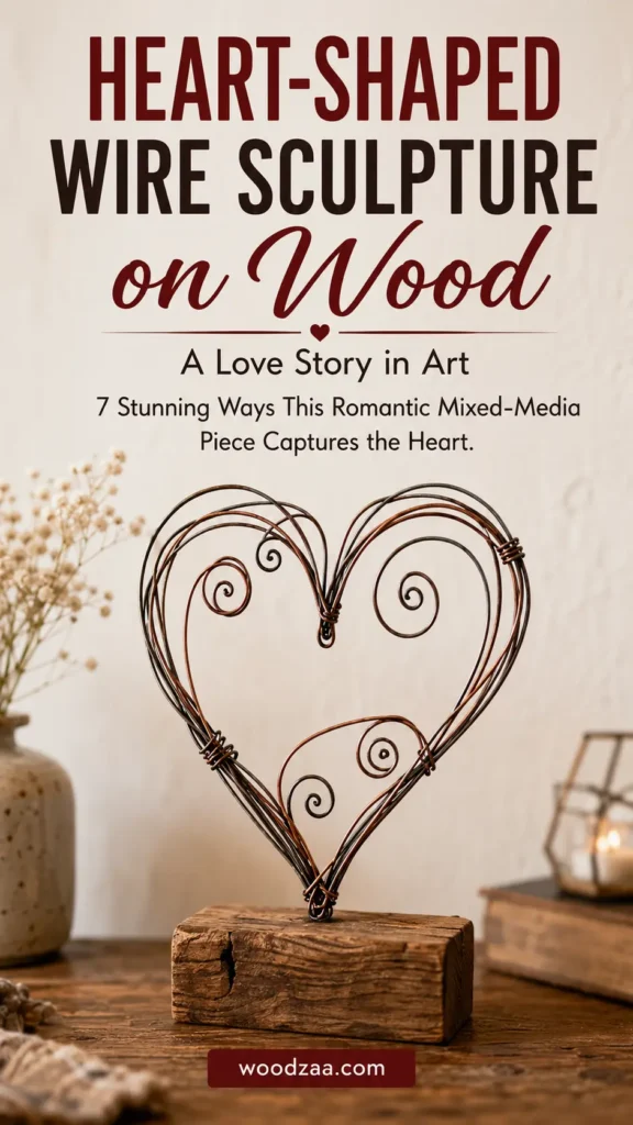 A freestanding heart-shaped wire sculpture with internal spiral details, mounted upright on a rustic wooden block. Placed on a wooden surface beside a speckled ceramic vase with delicate white flowers, a vintage book, and a lit candle. Top text overlay reads: "HEART-SHAPED WIRE SCULPTURE on Wood – A Love Story in Art. 7 Stunning Ways This Romantic Mixed-Media Piece Captures the Heart." Bottom logo reads "woodzaa.com". Ideal for rustic DIY crafts and romantic home decor ideas.