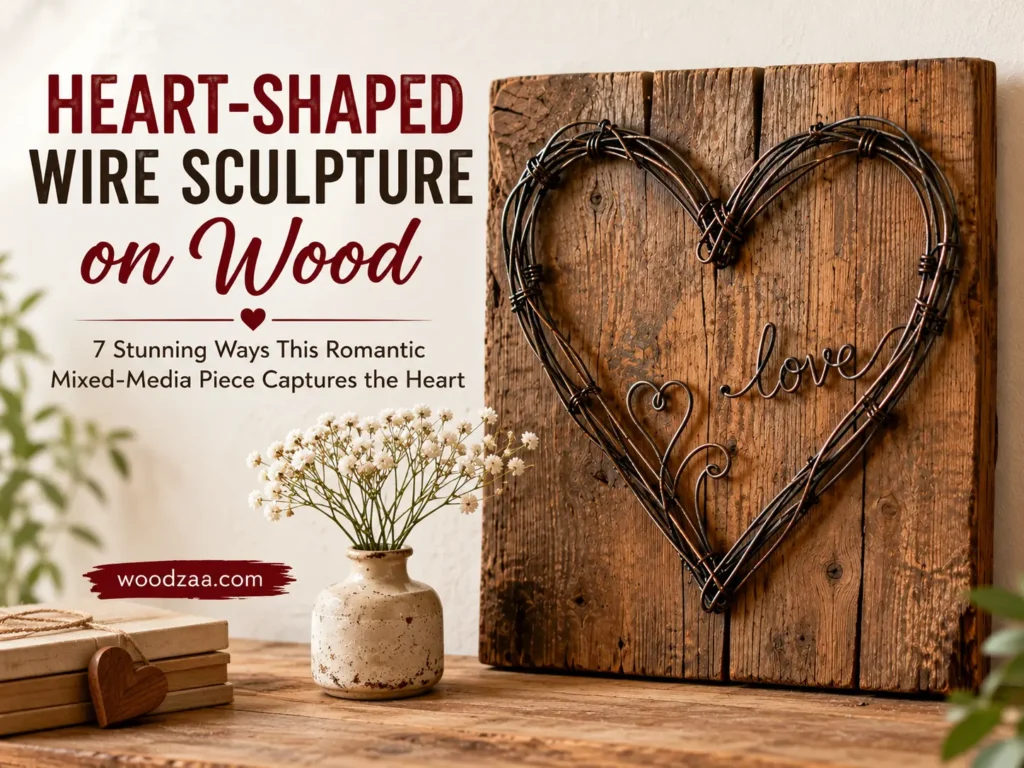 A wall-mounted heart-shaped wire sculpture on a weathered wood plank, featuring wire text spelling "love" and swirl accents inside. Beside it rests a small ceramic vase with white flowers, stack of books tied with twine and a wooden heart charm. Left text overlay reads: "HEART-SHAPED WIRE SCULPTURE on Wood – 7 Stunning Ways This Romantic Mixed-Media Piece Captures the Heart." Includes "woodzaa.com" badge. Great for rustic home decor and DIY craft inspiration.