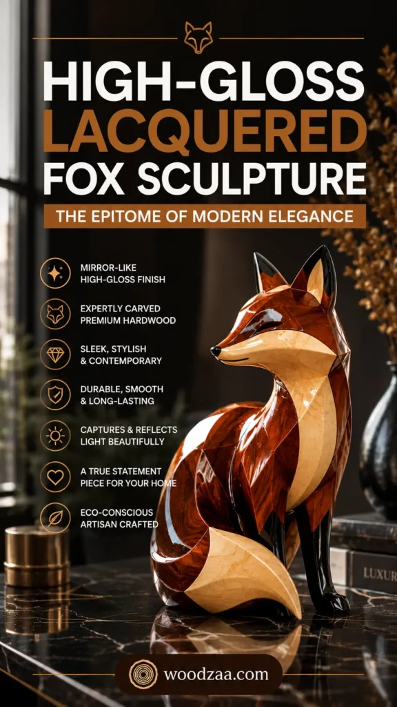 Vertical promotional pin featuring a high-gloss lacquered wooden fox sculpture on a dark marble surface in a luxury interior. Bold title reads "HIGH-GLOSS LACQUERED FOX SCULPTURE: THE EPITOME OF MODERN ELEGANCE." Icons on the left highlight features including mirror-like finish, carved premium hardwood, sleek contemporary design, light-reflecting beauty, and eco-conscious artisan crafting. The website woodzaa.com is displayed at the bottom.