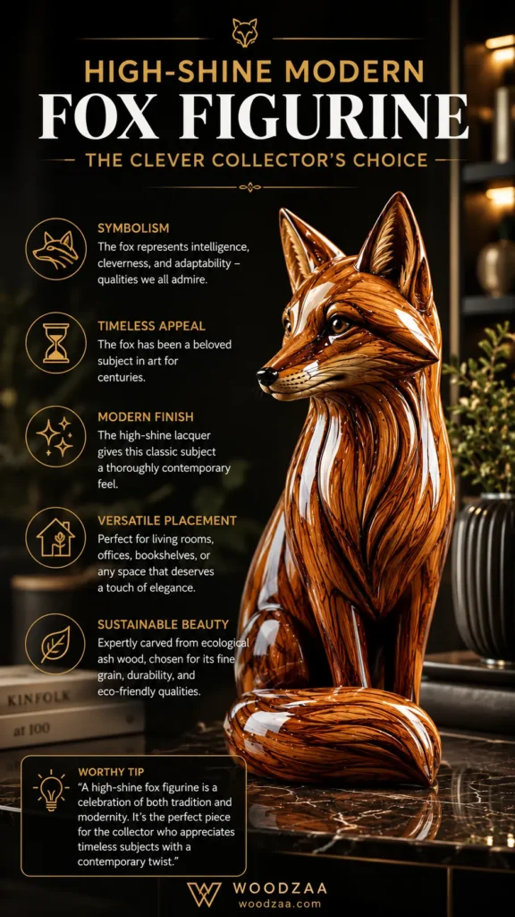 Vertical promotional pin featuring an alert, high-shine wooden fox figurine with rich carved detail, sitting upright on a dark marble surface. Bold title reads "HIGH-SHINE MODERN FOX FIGURINE - THE CLEVER COLLECTOR'S CHOICE." Bullet points on the left detail symbolism, timeless appeal, modern finish, versatile placement, and sustainable ecological ash wood construction. A tip box and the Woodzaa brand logo appear at the bottom.