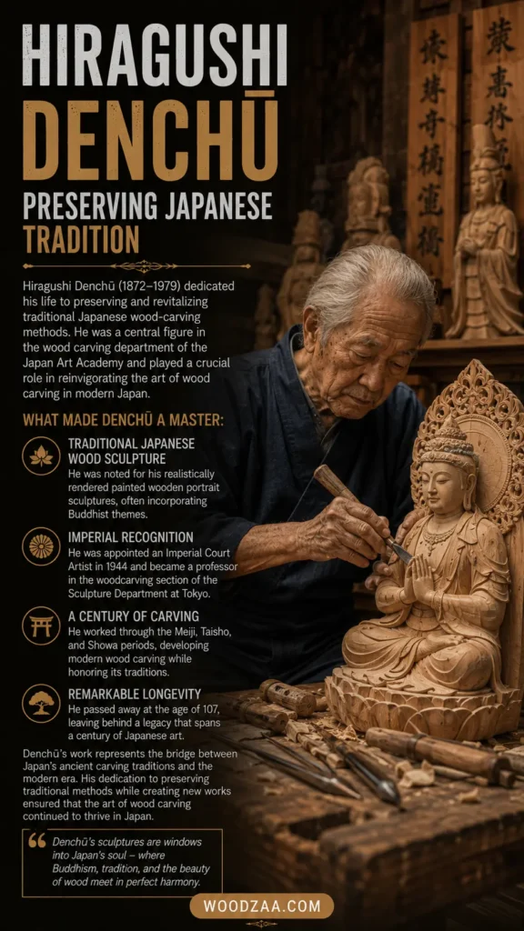 Pinterest graphic titled "Hiragushi Denchū: Preserving Japanese Tradition." The left column presents biographical details of the master artist (1872–1979) and four key achievements marked by circular icons. On the right, an elderly Japanese artisan in traditional blue attire meticulously carves a detailed wooden Buddhist deity sculpture at his workbench. Additional carved statues line the shelves behind him. A quote box sits at the bottom above a gold banner for "WOODZAA.COM".