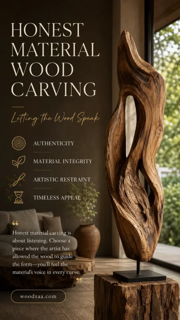 A vertical Pinterest graphic featuring an tall, abstract natural wood carving mounted on a black metal base and rustic wooden block. The sculpture shows rich textures, grain patterns, and open contours. On the left, serif text reads "HONEST MATERIAL WOOD CARVING" with script below "Letting The Wood Speak." A bulleted list with line-art icons outlines core values: Authenticity, Material Integrity, Artistic Restraint, and Timeless Appeal, followed by a quote and the link woodzaa.com at the bottom.