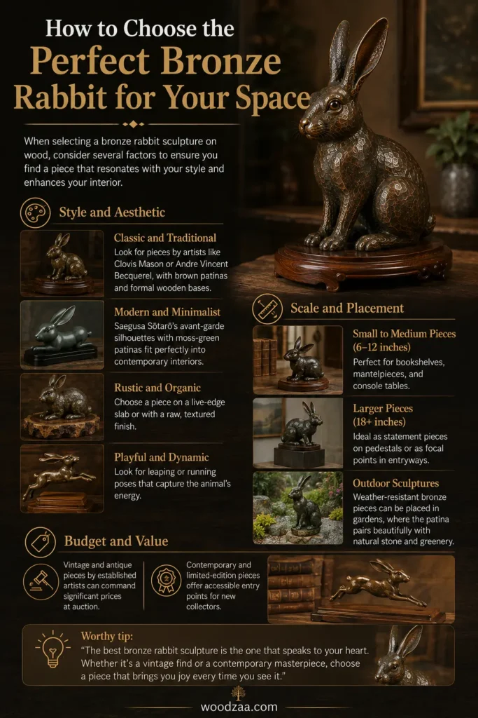 Infographic guide titled "How to Choose the Perfect Bronze Rabbit for Your Space." A detailed bronze rabbit sculpture on a wooden pedestal sits in the upper right. The visual guide breaks down tips into key sections: "Style and Aesthetic" (Classic, Modern, Rustic, Playful), "Scale and Placement" (Small/Medium, Larger, Outdoor), and "Budget and Value." A "Worthy tip" quote box sits near the bottom above the logo and URL "woodzaa.com."