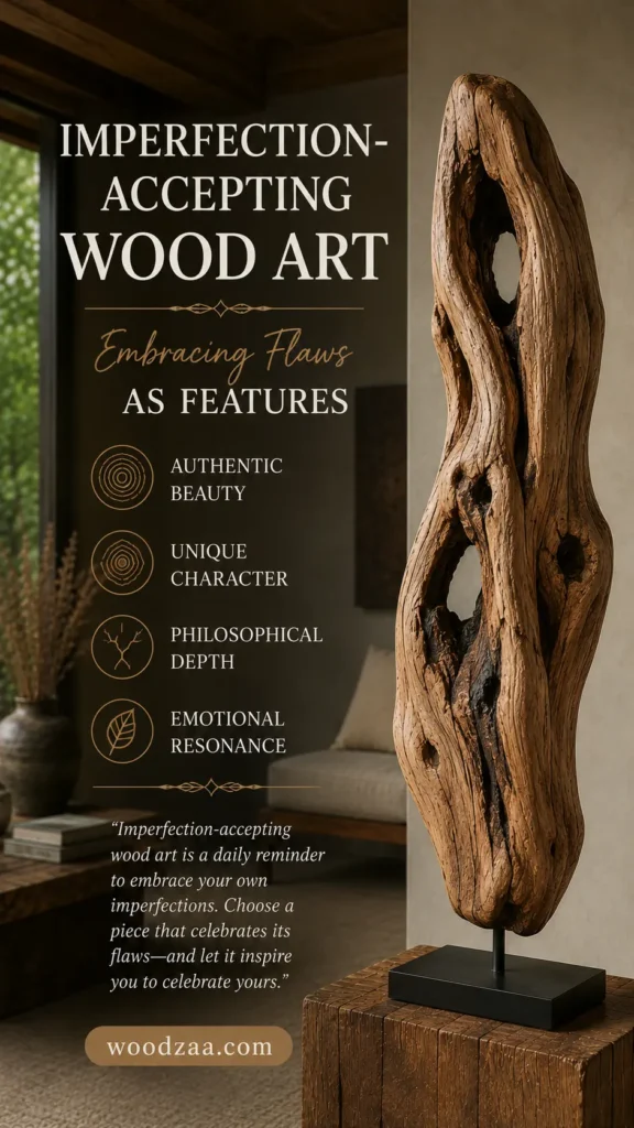 Vertical Pinterest pin showing an organic, weathered wood sculpture with prominent knots, hollows, and deep cracks, mounted on a black stand over a wooden block. Text on the left reads "IMPERFECTION-ACCEPTING WOOD ART" above script reading "Embracing Flaws AS FEATURES." Four circular line icons detail core attributes: Authentic Beauty, Unique Character, Philosophical Depth, and Emotional Resonance, accompanied by a short quote and woodzaa.com at the bottom.
