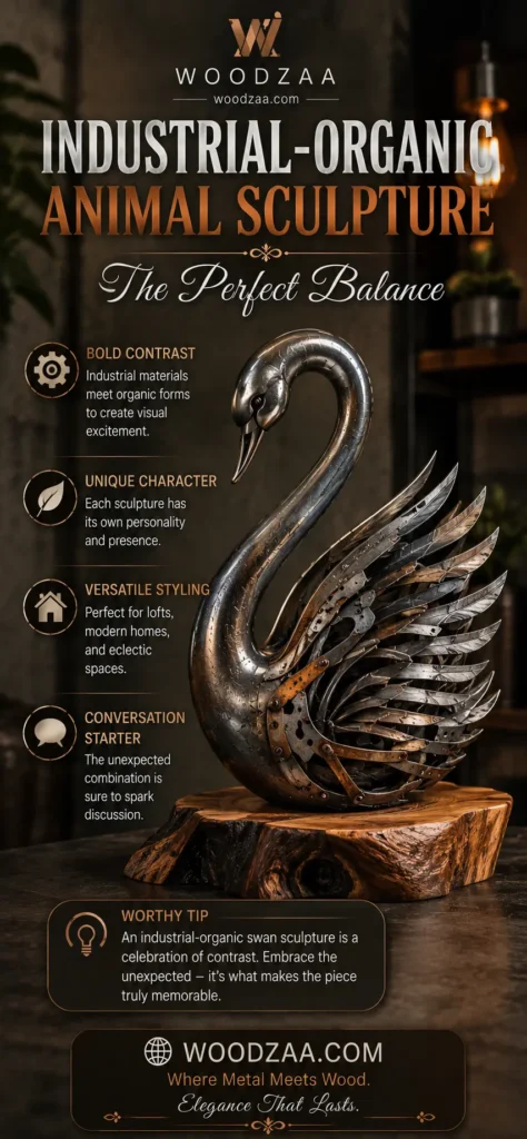 An industrial-organic metallic swan sculpture with intricate layered wings featuring mechanical details rests on a natural rustic wood base. Header text reads "Industrial-Organic Animal Sculpture - The Perfect Balance" below the Woodzaa logo. On the left are four bullet points with icons: Bold Contrast, Unique Character, Versatile Styling, and Conversation Starter. A "Worthy Tip" box at the bottom describes embracing contrast, above the website woodzaa.com and "Where Metal Meets Wood. Elegance That Lasts."