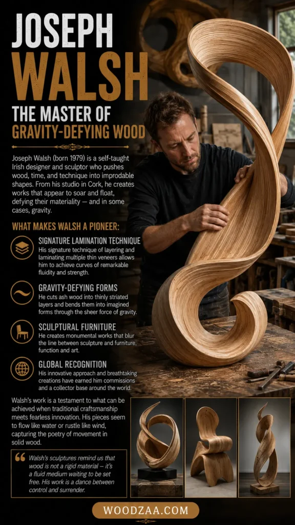 Pinterest graphic titled "Joseph Walsh: The Master of Gravity-Defying Wood." The left column features text detailing the Irish designer (born 1979) and four key highlights with circular icons detailing his lamination technique, fluid forms, and sculptural furniture. On the right, a craftsman examines a large, fluidly carved wood sculpture composed of sweeping, laminated curves. Three smaller photos showcasing sculpted wooden furniture sit at the bottom, above a banner for "WOODZAA.COM".