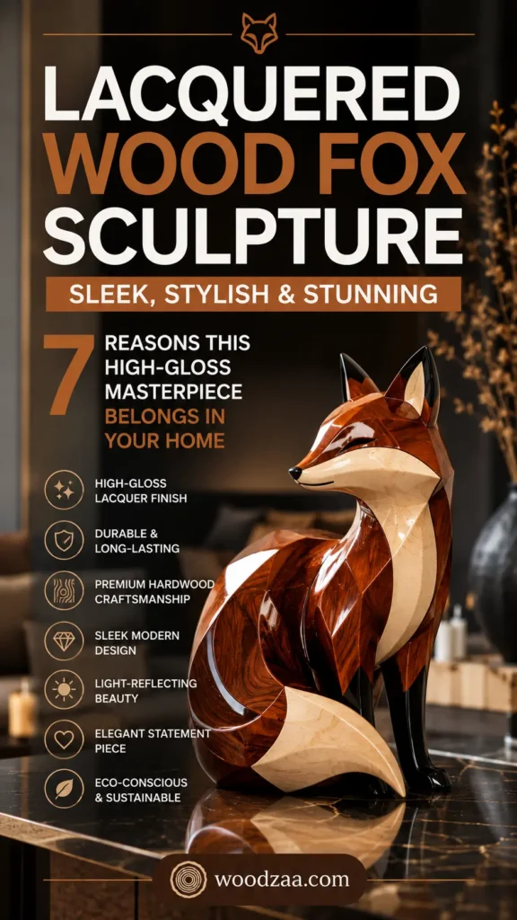 Vertical promotional image for a lacquered wood fox sculpture set in an elegant home interior. Features a glossy, stylized wooden fox figure with rich brown grain, cream accents, and black paw details sitting on a dark marble surface. Bold text above reads "LACQUERED WOOD FOX SCULPTURE: Sleek, Stylish & Stunning." To the left, a list highlights 7 features, including high-gloss lacquer finish, premium hardwood craftsmanship, and eco-conscious design, with the website woodzaa.com displayed at the bottom.