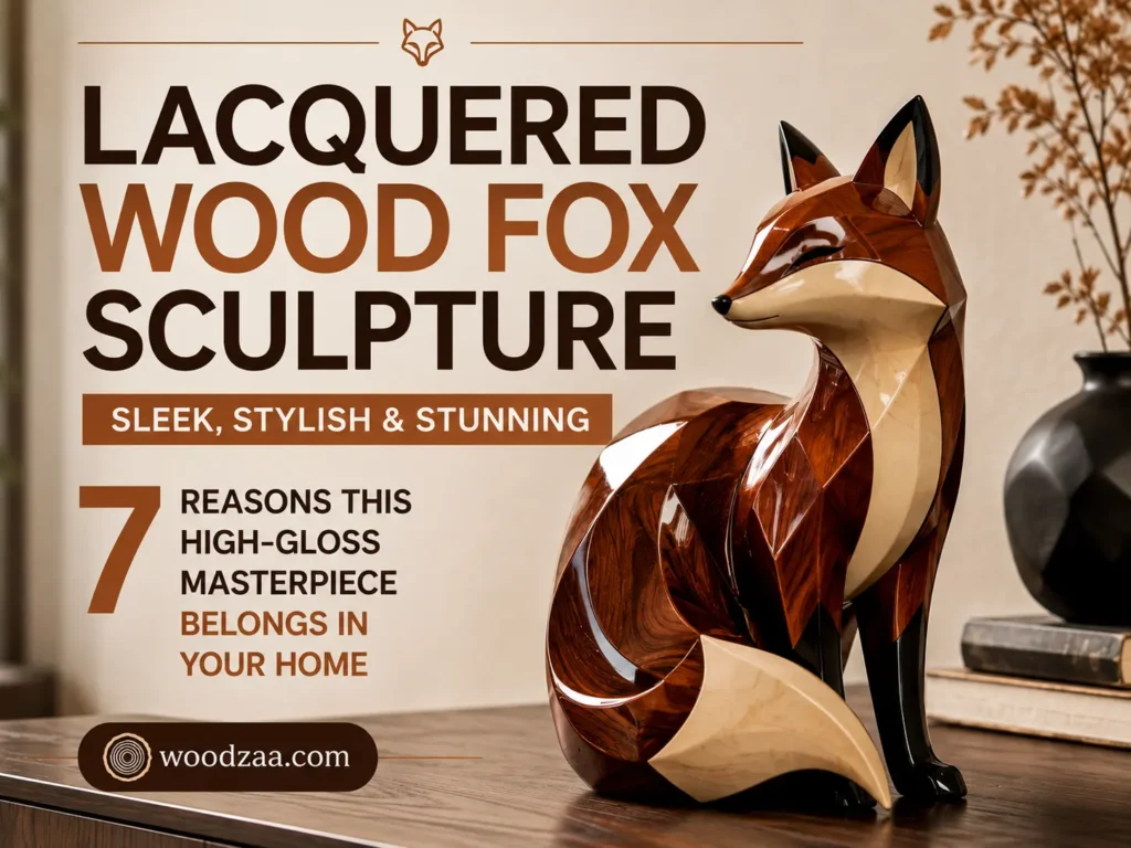 Vertical promotional pin featuring a glossy, stylized wooden fox sculpture sitting on a dark wooden surface in a bright room. Large bold text at the top reads "LACQUERED WOOD FOX SCULPTURE: SLEEK, STYLISH & STUNNING." Subtext highlights "7 REASONS THIS HIGH-GLOSS MASTERPIECE BELONGS IN YOUR HOME." The sculpture showcases rich brown wood grain, cream accents, and black paw details. The website woodzaa.com is displayed at the bottom.