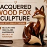 Vertical promotional pin featuring a glossy, stylized wooden fox sculpture sitting on a dark wooden surface in a bright room. Large bold text at the top reads "LACQUERED WOOD FOX SCULPTURE: SLEEK, STYLISH & STUNNING." Subtext highlights "7 REASONS THIS HIGH-GLOSS MASTERPIECE BELONGS IN YOUR HOME." The sculpture showcases rich brown wood grain, cream accents, and black paw details. The website woodzaa.com is displayed at the bottom.
