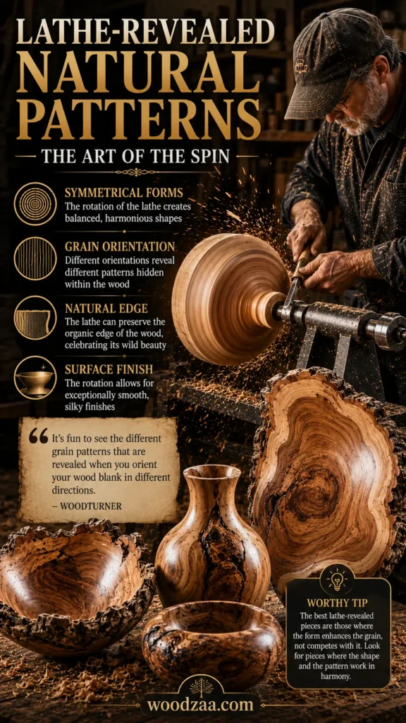 Infographic titled "Lathe-Revealed Natural Patterns: The Art of the Spin." On the right, a woodturner works at a lathe with flying shavings. The foreground showcases a large natural-edge bark plate, a spalted vase, a live-edge bowl, and a small burl dish. Four golden icons explain concepts: Symmetrical Forms, Grain Orientation, Natural Edge, and Surface Finish. A parchment block quotes a woodturner on grain patterns, while a "Worthy Tip" box highlights harmony between form and grain.
