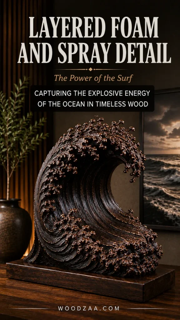 A dark carved wood wave sculpture featuring intricate spray and layered foam textures, resting on a dark plinth on a wooden table. Text overlay reads: "LAYERED FOAM AND SPRAY DETAIL", "The Power of the Surf", and a badge stating "CAPTURING THE EXPLOSIVE ENERGY OF THE OCEAN IN TIMELESS WOOD". In the softly lit background, a dark vase with green foliage sits beside slatted wood paneling, next to a framed ocean wave painting. The website "WOODZAA.COM" is printed at the bottom.