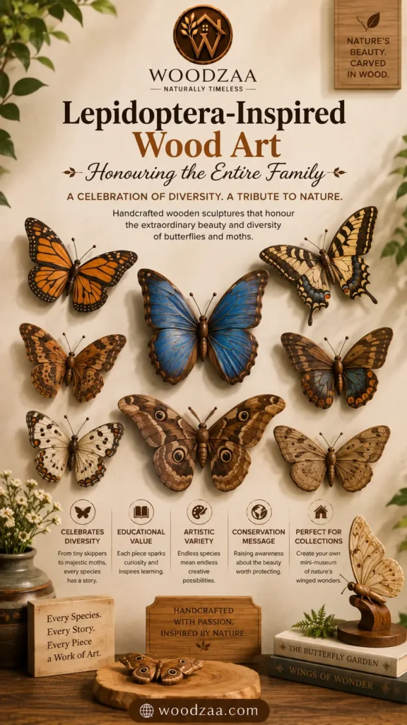 A wall display featuring eight distinct handcrafted wooden butterfly and moth sculptures, including a blue morpho, monarch, swallowtail, and moth species. Graphic header text reads "WOODZAA - NATURALLY TIMELESS", title "Lepidoptera-Inspired Wood Art - Honouring the Entire Family", and subtext "A CELEBRATION OF DIVERSITY. A TRIBUTE TO NATURE." Icons at the bottom list features: Celebrates Diversity, Educational Value, Artistic Variety, Conservation Message, and Perfect for Collections. Below, additional sculptures rest on a decorated table with books and a wooden sign. A web badge links to "woodzaa.com".