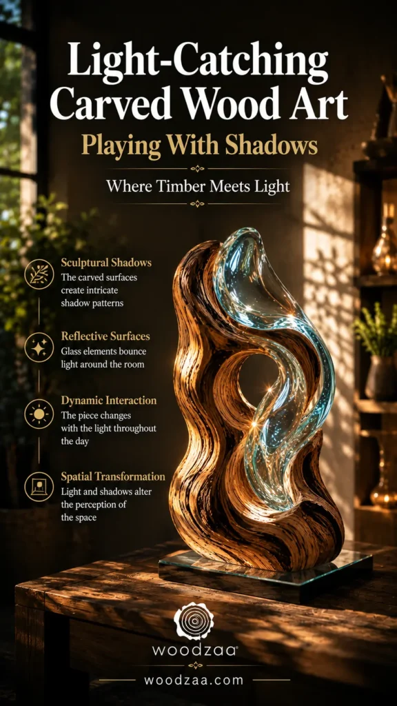 A vertical Pinterest graphic featuring a glowing carved wood and glass sculpture on a reflective square base. The sculpture shows flowing, intertwined polished wood with dynamic grain integrated alongside a wave of translucent, light-blue glass catching light. At the top, bold text reads: "Light-Catching Carved Wood Art - Playing With Shadows." Four feature icons on the left highlight Sculptural Shadows, Reflective Surfaces, Dynamic Interaction, and Spatial Transformation. The bottom features the "woodzaa" logo and woodzaa.com.