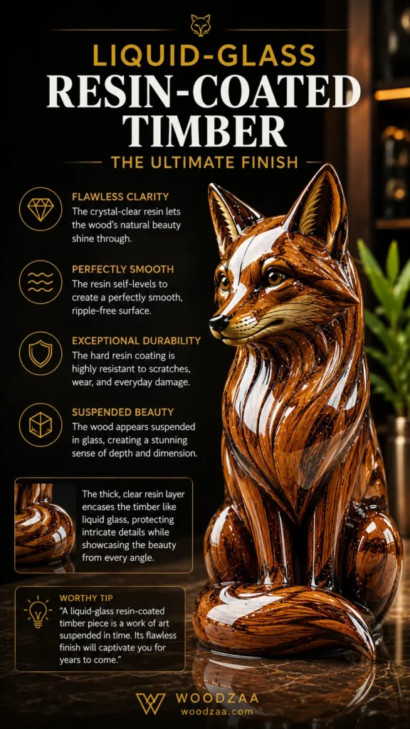 Vertical promotional pin featuring an intricately carved fox sculpture with a ultra-glossy liquid-glass resin finish on a dark marble surface. Bold title reads "LIQUID-GLASS RESIN-COATED TIMBER — THE ULTIMATE FINISH." Key features on the left include flawless clarity, perfectly smooth surface, exceptional durability, and suspended beauty. Includes a inset image detail, a "Worthy Tip" quote, and the Woodzaa brand logo at the bottom.