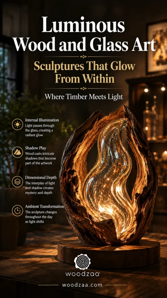 A vertical Pinterest graphic featuring an illuminated hollow wood and glass sculpture on a round base. The hollowed, bark-textured wood frame surrounds a flame-shaped translucent glass core glowing brightly with warm internal lights. At the top, bold text reads: "Luminous Wood and Glass Art - Sculptures That Glow From Within." Four feature icons on the left detail Internal Illumination, Shadow Play, Dimensional Depth, and Ambient Transformation. The bottom displays the "woodzaa" logo and woodzaa.com.