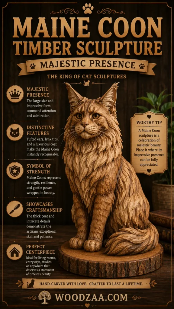 Hand-carved wooden Maine Coon cat sculpture with tufted ears and a fluffy mane, sitting on a round wood slab. Large top text reads "Maine Coon Timber Sculpture - Majestic Presence: The King of Cat Sculptures." Left-side feature callouts highlight Majestic Presence, Distinctive Features, Symbol of Strength, Showcases Craftsmanship, and Perfect Centerpiece. A right-side card offers a "Worthy Tip" on placement, set against a dark wooden background above the logo and "woodzaa.com".