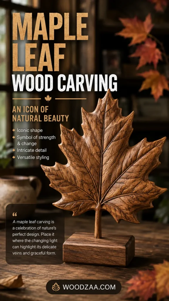Pinterest graphic titled "MAPLE LEAF WOOD CARVING: AN ICON OF NATURAL BEAUTY." The image displays a detailed wooden maple leaf sculpture mounted on a wooden block base on a rustic table. On the left, bullet points list features like "Symbol of strength & change," alongside a quote starting with "A maple leaf carving is a celebration of nature's perfect design." Warm interior decor and soft autumn leaves surround the setup, with the logo WOODZAA.COM centered at the bottom.