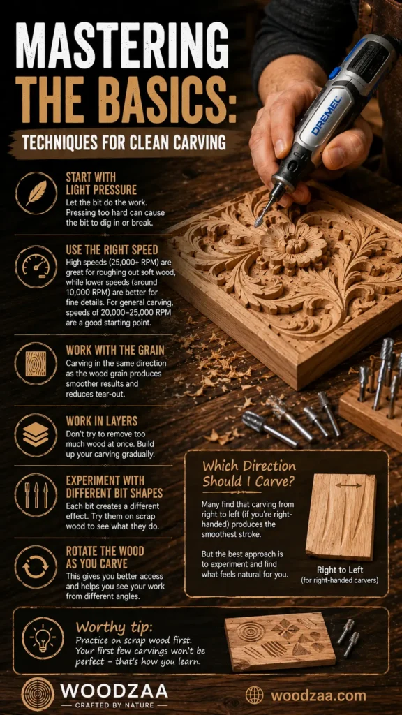 Infographic titled "Mastering the Basics: Techniques for Clean Carving" by Woodzaa. It highlights six core tips: Start with Light Pressure, Use the Right Speed, Work with the Grain, Work in Layers, Experiment with Different Bit Shapes, and Rotate the Wood as You Carve. Visuals show a hand holding a Dremel tool over a deeply carved floral block, carving direction guidance, a scrap wood practice board, and various rotary bits. Features the Woodzaa logo and woodzaa.com website link.