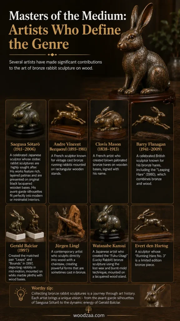 Infographic titled "Masters of the Medium: Artists Who Define the Genre" highlighting famous bronze rabbit sculptors. A detailed bronze rabbit figure on a dark wooden base sits in the top right. Below, eight thumbnail cards show sculptures by Saegusa Sōtarō, Andre Vincent Becquerel, Clovis Mason, Barry Flanagan, Gerald Balciar, Jürgen Lingl, Watanabe Kansui, and Evert den Hartog with brief artist bios. A tip box sits at the bottom above the tree logo and website URL "woodzaa.com."