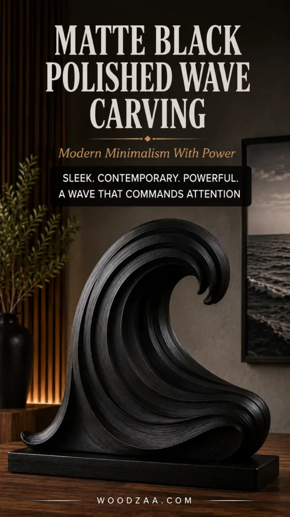 A matte black polished wave carving with smooth, flowing ridges resting on a black rectangular base atop a wooden table. Overlay text reads: "MATTE BLACK POLISHED WAVE CARVING", "Modern Minimalism With Power", and a dark badge stating "SLEEK. CONTEMPORARY. POWERFUL. A WAVE THAT COMMANDS ATTENTION". In the background, a dark vase with greenery stands near slatted wooden wall panels, alongside a framed black-and-white seascape photo. The website "WOODZAA.COM" is printed at the bottom edge.