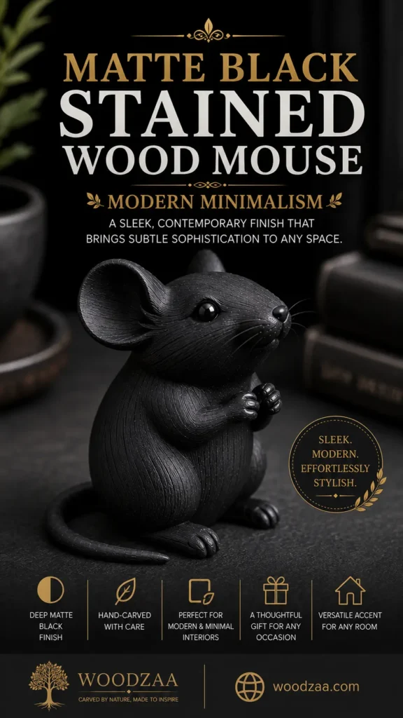A carved wooden mouse figurine with a deep, matte black finish sitting upright on a dark surface. Prominent headline text at the top reads "MATTE BLACK STAINED WOOD MOUSE - MODERN MINIMALISM" alongside a tagline emphasizing subtle sophistication. A circular gold emblem reads "SLEEK. MODERN. EFFORTLESSLY STYLISH." Icons at the bottom highlight features like hand-carved detail and suitability for modern interiors, with the Woodzaa logo, tagline, and website woodzaa.com in the footer banner.